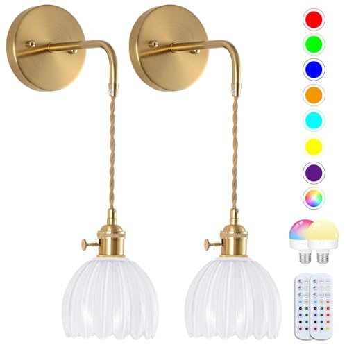 Image of Vintage Battery Operated Wall Sconces Sets Of Two, Indoor not Hardwired Milky White Tulip Glass Lampshade Fixtures, Rechargeable Wireless RGB Wall Lights with Dimmable Remote, for Bedroom Living Room