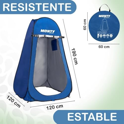 Miniatura 2 de Tienda Cambiador Playa, Camping Ducha 1 Adulto, 120x190 Cm, Tienda Montaje Pop Up, Bolsillo Y Puerta Con Cremallera Doble, Tejido Oxford Azul, Protección Upf 50 Y Waterproof, Incluye 4 Piquetas