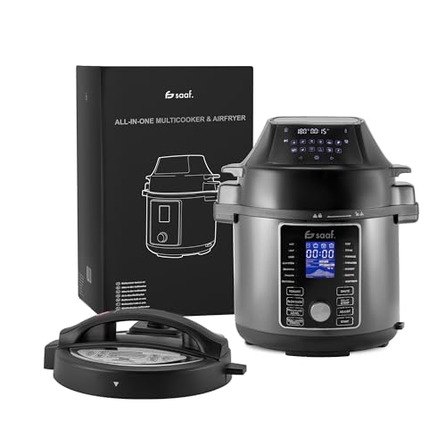 Saaf Multicuiseur avec Airfryer – Set de 15 Pièces – 24 Programmes – Slowcooker, Cuiseur à Riz, Vapeur & Cocotte-Minute – 6L – Inclus Panier, Cuve & Livre de Recettes – Écran Digital