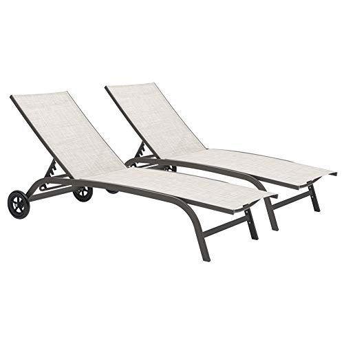 Crestlive Products Aluminum Chaise Lounge Chairs With Wheels Outdoor Adjustable Recliner Five-Position And Full Flat Tanning Chair All Weather For Patio, Beach, Yard, Pool (2Pcs Beige) #TOP7