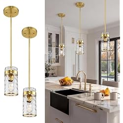 AUTELO 2 Pack Modern Brushed Gold Hammered Glass Pendant Light | Gold Pendant Light, Adjustable Hanging Light Fixture, Kitchen Island Light for Dining Room, Hallway, Entryway, Bedroom