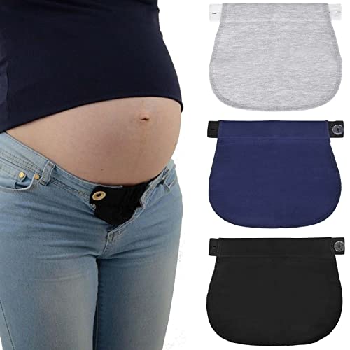 Tolenre 3 Piezas Extensor para Mujeres Embarazadas con Botón Extensor Elástico para Embarazadas Pantalones de Embarazo, Extensión de Cinturón Ajustable Pantalones Vaqueros, Azul oscuro + Negro + Gris