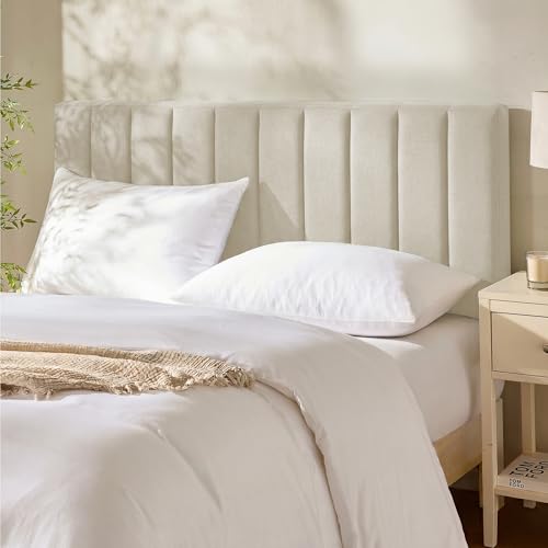 Hearth & Harbor Upholstered King Headboard - Easy Assemble Channel Stitched Headboard King Size Bed - Wall Mounted Headboards with 3D Soundproof Wall Panels Peel & Stick Floating Headboards Linen