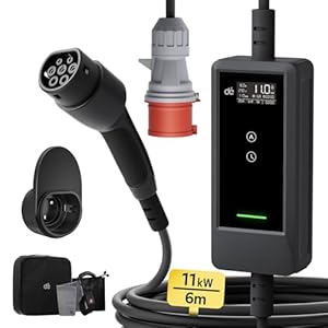 dé Mobiele wandbox/laadstation 11 kW [6 m|3-fasig|6-16A] met instelbaar laadvermogen, oplaadkabel CEE 16A naar type 2 en EV oplader voor model Y/3, ID.3/4/5, MG4, EX30, e-up, e-tron, Zoe en BEV/PHEV