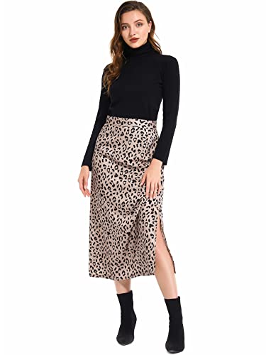 LYANER Women's Leopard Print Side Split High Waist Zipper Midi Skirt