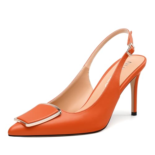 NUMALEO Slingback Heels for Women Pointed Closed Toe High Heel Stiletto Pumps Slip on Backless Metal Heeled Sandals Fashion Wedding Party Dress Shoes 3.5 Inch