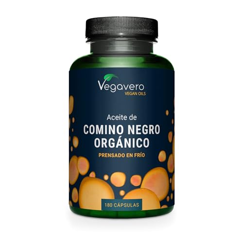 Vegavero Aceite de Comino Negro Ecológico | 1000 mg Nigella Sativa | 55% Ácido Linoleico + 22% Ácido Oleico + 0,2% Timoquinona | Con Vitamina E Natural | Prensado en Frío | 180 Cápsulas Veganas