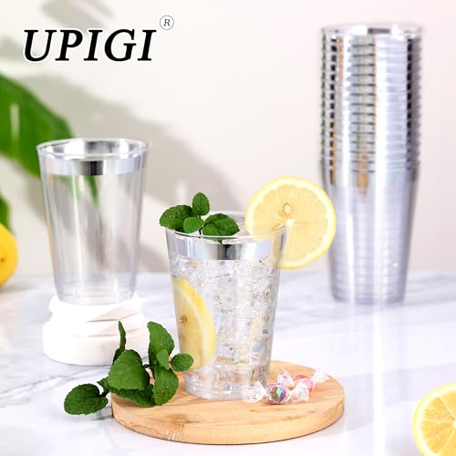 Image of 50 Pcs Silver Plastic Cups,12oz Silver Rimmed Plastic Cups,Heavy Duty Disposable Plastiic Wine Glasses Cocktail Glasses Premium Cup with Silver Rim for Party,Wedding,Christmas