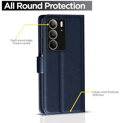 Image of Pikkme Flip Cover Leather Finish | Inside TPU with Card Pockets | Wallet Stand and Shock Proof | Complete Protection Button Flip Case for Realme C75(Blue)