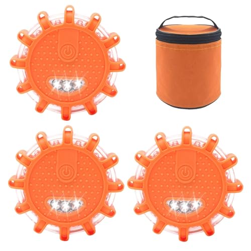 3 Pack Led Road Flare Signal, Rechargeable Magnetic Base Led Warning Light, Safety Flashing Warning Light 9 Flash Modes Waterproof Roadside Warning Light Kit Disc Beacon Kit For Car Truck RV Vehicles