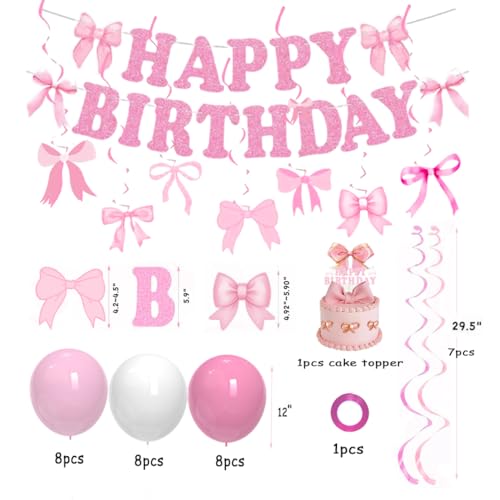 Image of Pink Bow Birthday Banner, Bow Birthday Party Decorations Happy Birthday Banner Pink Party Hanging Swirls Set for Women Birthday Party Decoration Supplies