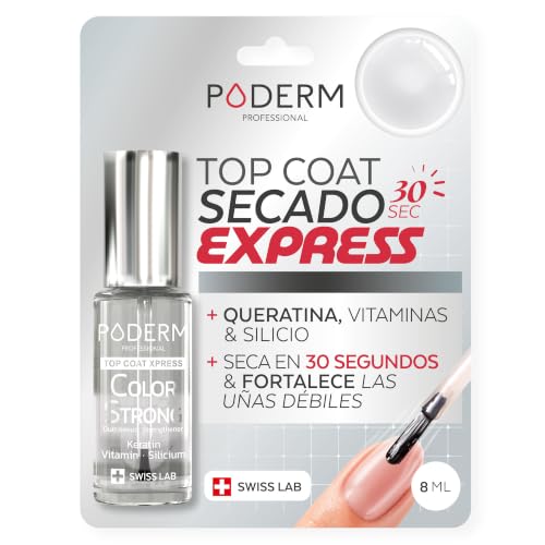 PODERM Top Coat Esmalte Endurecedor de Uñas - 30 Seg Secado Exprés | Swiss Lab - 8 ML | Refuerza & Regenera las Uñas Quebradizas y Frágiles | Queratina, Biotina & Silicio | Creado por una Podóloga