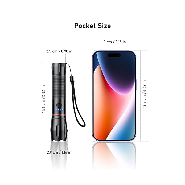 Blukar LED Taschenlampe Aufladbar, Extrem Helle Zoombares Taschenlampen mit 5 Lichtmodi und Langer Betriebsdauer, IPX6 Wasserdichte Handlampe für Camping, Wandern, Angeln, Notfäll [2 Stück]-Schwarz – Bild 8