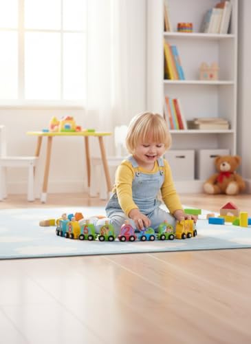 ZAIN 12 PCS Wooden Train Set Toy Wooden Magnetic Number Train Set Includes 1 Engine Cars for Toddlers Boys and Girls