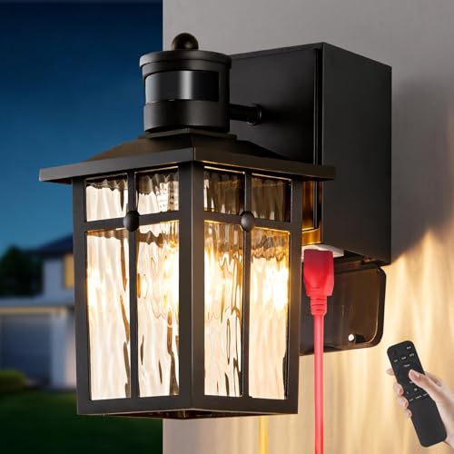 Porch Light with GFCI Outlet with Remote Dusk to Dawn Motion Sensor Outdoor Light Upgraded 4 Lighting Modes Black Front Door Light Waterproof Outside Lights for House Patio Garage Entryway 1 Pack