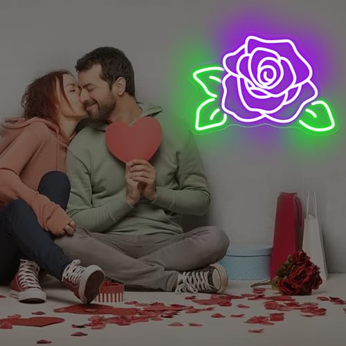 Image of Rose Flower Neon Light Signs for Wall Flower Shop Window, Room, Cafe Art Decorative Lady Gift Wedding Bachelorette Party Bridal Banquet Background Decor Sign, 15.7 inchx10.8 inch, Purple