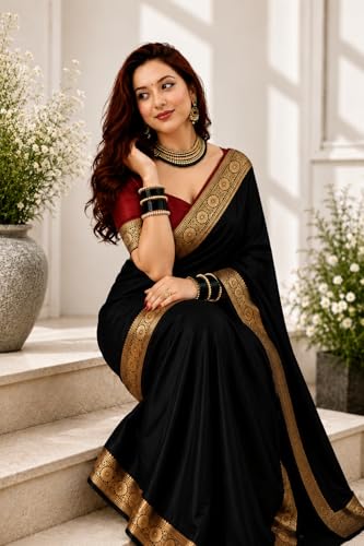 Image of Women's Glory Satin Silk Saree Plain Soft Shiny Elegant Party Traditional Ethnic