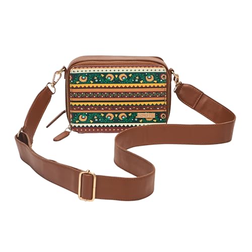 Image of Chumbak Jaipur Sling Bag for Women, Tan Floral PU Leather, Digital Nomad Collection, Stylish Zipper Sling, Lightweight Crossbody Bag for Everyday Travel and Casual Outings