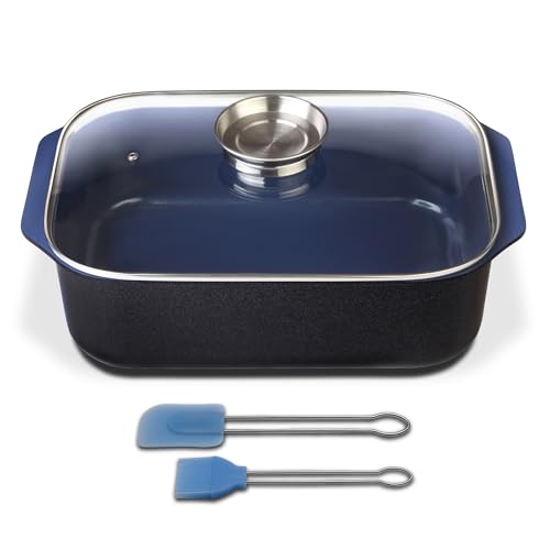 GSW 800419 Ceramica Bleu Cobalt Induction Plat à Rôtir Rectangulaire avec Couvercle Protection de l'Arôme en Verre 40 x 26 x 11 cm/Env. 8 L – avec Pinceau Set de 2 pièces