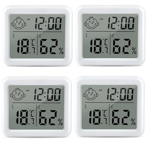 Digital Mini Thermometer Hygrometer, 4 Stück Hygrometer Innen mit 3.2 Zoll Display und hohen Genauigkeit, Temperatur Luftfeuchtigkeitsmesser mit Uhr,...