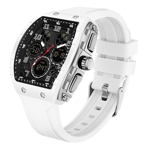 findtime Blanche Montre Militaire Homme Sport Design Unique Cadran Rectangulaire, Affichage Numérique Analogique, Double Fuseau, Chronomètre Étanche 5ATM, Style Punk