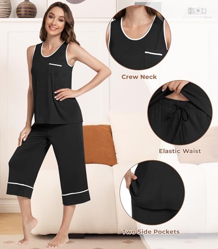 Image of NACHILA Pajamas Set for Women-Viscose Made from Bamboo, Tank Top with Capri Pants Pajama Cool Sleepwear Sleeveless Pjs