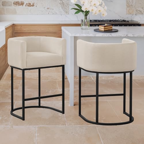 Image of LUE BONA Counter Height Bar Stools Set of 2, Modern Barrel Counter Stools with Backrest and Arms, Black Metal Frames, Linen Fabric Upholstered Accent Barstools for Kitchen Island, Linen Color