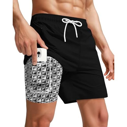7 Inch Men Swim Trunks with Compression Liner Quick Dry Drawstring Male Swimtrunks for Beach Summer Water Park