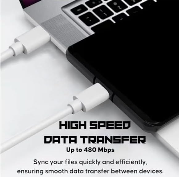 Image of USB-C to USB-C Cable 120W 6A, 1 Meter | Charging & High-Speed Data Sync Cord | Ultra Soft Durable Type-C Charging Cable for Android Phones, Tablets, Power Banks Devices | White