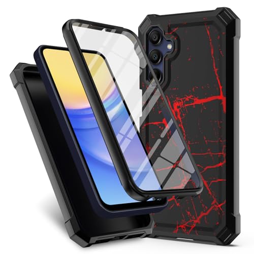 for Galaxy A15 5G Phone Case,Samsung A15 5G Cover w/[Built-in Screen Protector] Dual Layer Shockproof [Military-Grade][Full-Body] Protective Bumper Cover for Teen Women Man Red Black Marble