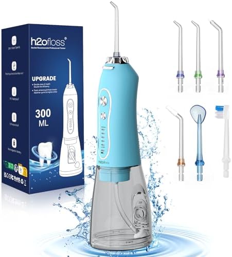 Water Dental Flosser Teeth Cleaner Pick, H2ofloss Cordless Portable Oral Irrigator,5 Mode IPX7 Waterproof Teeth Picks 300ML Rechargeable WaterFlosser for Teeth Cleaning Sky Blue