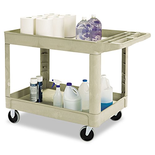 Image of Rubbermaid Commercial Products BRUTE Heavy Duty 2-Shelf Utility /Service Cart, Medium, Lipped Shelves, Ergonomic Handle, 500 lbs. Capacity, Beige, for Warehouse /Garage /Cleaning /Maintenance