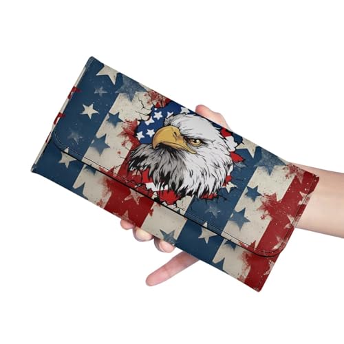 Image of AFPANQZ American Flag Eagle Print Womens Wallets Leather Trifold Multi Card Holder Slots Wallet, Elegant Clutch Phone Holder Trifold Purses Zip Coins Pocket, Buckle Closure Clutch