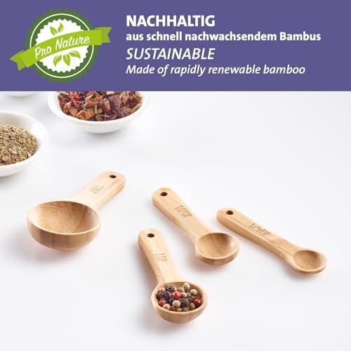 Westmark Messlöffel-Set Woody – 4 hochwertige Dosierlöffel mit Beschriftung, ideal für trockene Zutaten und Gewürze, 1, 1/2 und 1/4 Teelöffel plus 1 Esslöffel – Bambus, 4 Stück