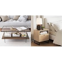 Nathan James Asher Walnut/Black Glass Top Coffee Table with Storage Shelf and Mina Oak/Black Rattan Accent Table Nightstand