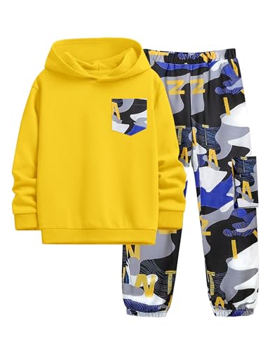 Image of KANGKANG Boys Clothes Two Piece Long Sleeve Hooded Sweatshirt Top Camouflage Sweatpants Fall Outfits Winter Clothes Set 6-16Y