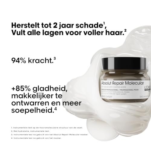 L'Oréal Professionnel, Herstellend Haarmasker, Voor Zeer Beschadigd Haar, Herstelt en Verzorgt het Haar voor Meer Soepelheid, Met Peptiden Bonder en 5 Aminozuren, Absolut Repair Molecular, 250 ml - Afbeelding 3