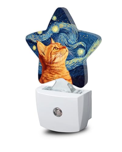 Image of Starry Night Cat Night Lights Plug Into Wall,Abstract Oil Painting Star Night Light for Kids,Nightlight with Dusk to Dawn Smart Sensor for Bedroom Bathroom Decor,Children Women Men Gift