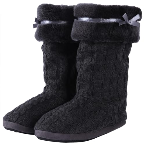 Women's Knit Slippers Indoor Warm Fluffy Home Bootie Slippers Anti-Slip House Shoes with Cute Pom Poms Soft Cozy Ankle Boots for Women