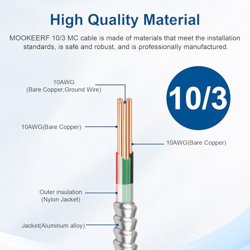 Image of MOOKEERF 10 /3 MC Cable with Ground - 10FT Pure Copper 10AWG /3 Metal Clad Wire with Aluminum Armor 10 Gauge 3 Conductor Type MC Alum Cable