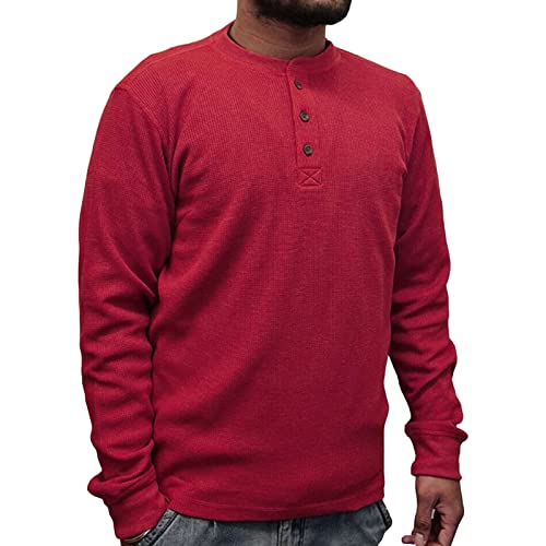 Men's Fall Long Sleeve Henley Shirts Crew Neck Stretch Ribbed T-Shirts Fashion Casual Pullover Basic Tops (3X-Large,Red)
