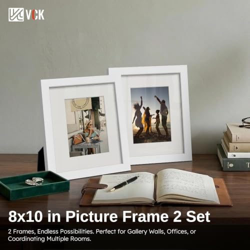 Image of VCK 8x10 Picture Frame 2 Pack, White Wood, 5x7 Mat, Glass, for Photo Print