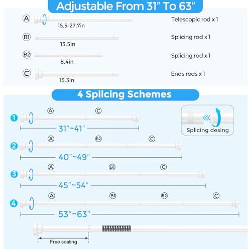 Image of Shower Rods 31-63 inch 2Pcs White Spring Tension Curtain Rod Adjustable