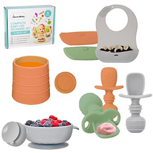 Image of Upward Baby Led Weaning Supplies 6-12 Months Eating Utensils - First Solids Infant Feeding Set - Suction Bowls Baby Plates Dishes Toddler Spoons and Cup with Silicone Bibs - Self Eating Essentials