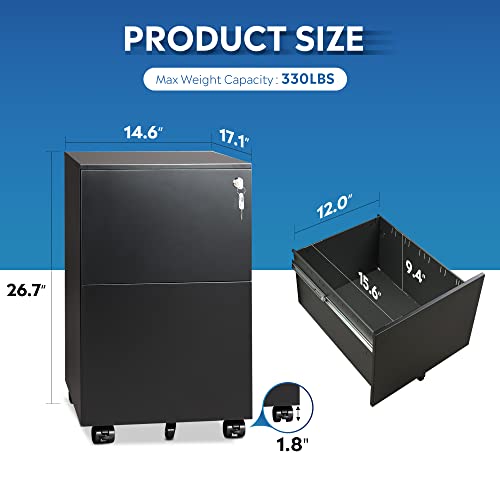 Devaise 2-Drawer Mobile File Cabinet With Lock, Commercial Vertical Cabinet In Black #TOP2