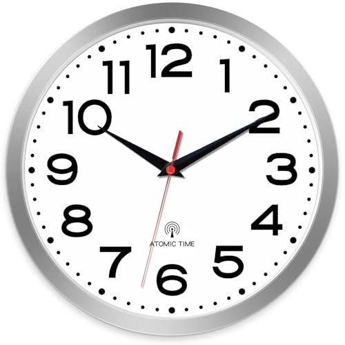 Roymnie Atomic Wall Clock 10 Inch, Modern Clock Battery Operated Classic Analog Decorative for Kitchen, Living Room, Office, Bedroom, Bathroom (Silver)