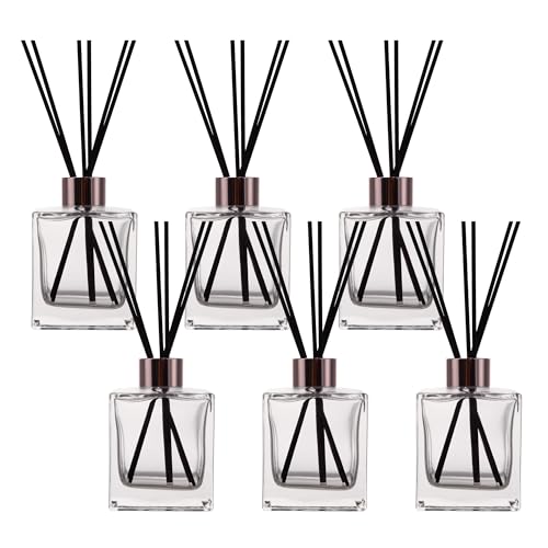 6 Pack Perfume Reed Diffuser Bottle,Empty Square Essential Oil Bottles Glass Jar with Black Sticks for DIY Fragrance Replacement Diffuser Sets (200ml/6.8 oz, Transparent Color)