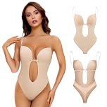Sahunfri Strapless Shapewear Bodysuit for Women Tummy Control,Waist Tightening Clear Bra Straps with Deep V-Neck Backless Bra for Parties,Homewear (Flesh, S)