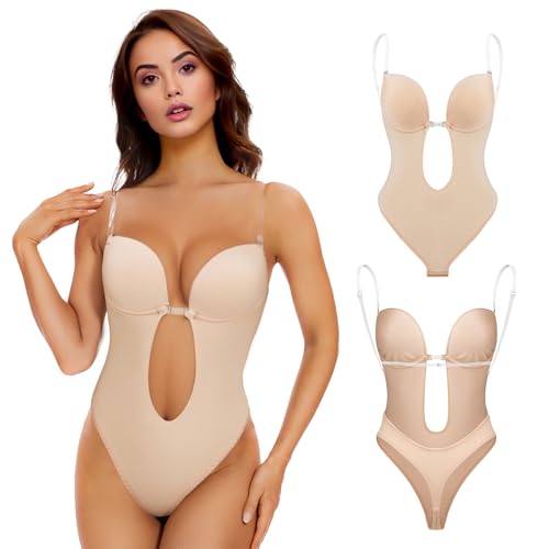 Sahunfri Strapless Shapewear Bodysuit for Women Tummy Control,Waist Tightening Clear Bra Straps with Deep V-Neck Backless Bra for Parties,Homewear (Flesh, M)