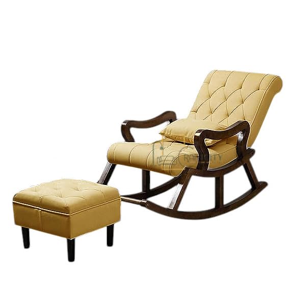 Image of CRAFTCITY Sheesham Wood Elegant Rocking Chair with Pillow and Matching Foot Stool /Living Room Chair /Rose Wood Rocking Chair /Single Seater Sofa with Footrest,Pre-Assembled (Yellow)